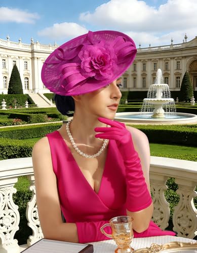 Unpifolov Fascinators Hats Elegant Women Flower Mesh Feathers Wedding Cocktail Bride Headband for Derby Hat Tea Party - color: Rose Red