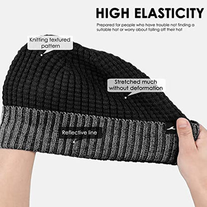 Achiou Reflective Beanie for Men Women, Fleece Lined Winter Cuffed Hat - color: Black
