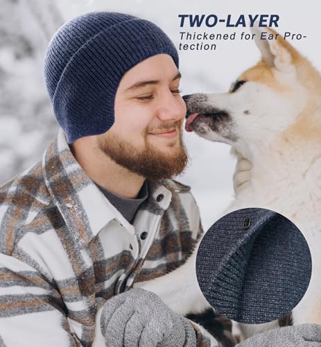 HiRui Knit Beanie Hats Winter Hats Ear Covers for Men Women-Warm Daily Headwear - color: Navy Blue
