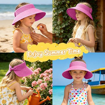 Girls Sun Visor Hat with Ponytail Hole Wide Brim Beach Straw Visor UPF 50+ - color: 1pack-rose