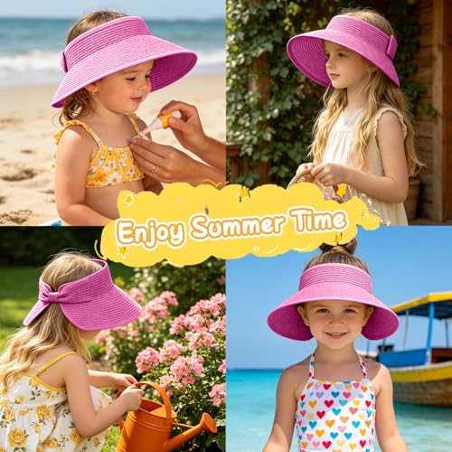 Girls Sun Visor Hat with Ponytail Hole Wide Brim Beach Straw Visor UPF 50+ - color: 1pack-rose