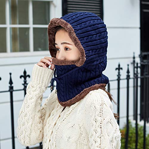 HUAMULAN Women Winter Knit Balaclava Fleece Lined Hooded Beanie Hats - color: Navy, size: Medium