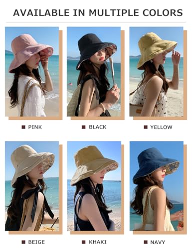 Double Side Womens Floral Wide Brim Sun Hat, UPF50+ UV Protection Reversible Bucket Hat Foldable Adjustable Brim - color: Black