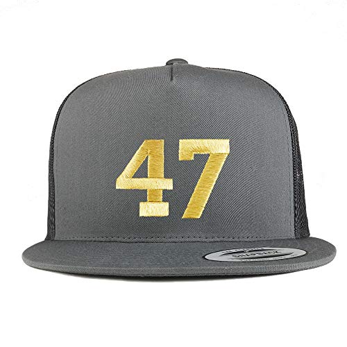 Trendy Apparel Shop Number 47 Gold Thread Embroidered Flat Bill 5 Panel Trucker Cap - color: Charcoal