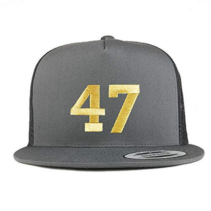 Trendy Apparel Shop Number 47 Gold Thread Embroidered Flat Bill 5 Panel Trucker Cap - color: Charcoal