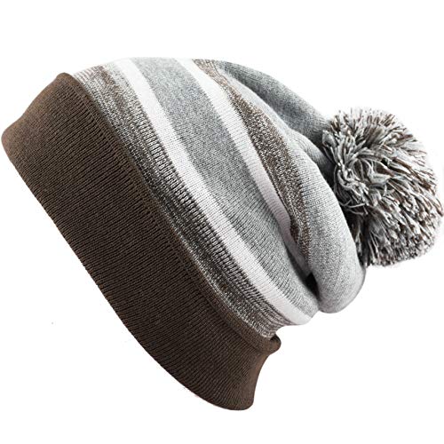 Winter Knit Beanie Hat with Pom Pom – Warm Cuffed Slouch Ski Cap for Men & Women - color: 1.brown and Grey With Pom