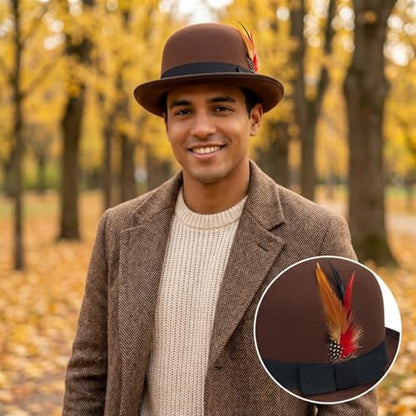 Classic Fedora Hat with Feather, Dome Hard Bowler Cap - color: Coffee