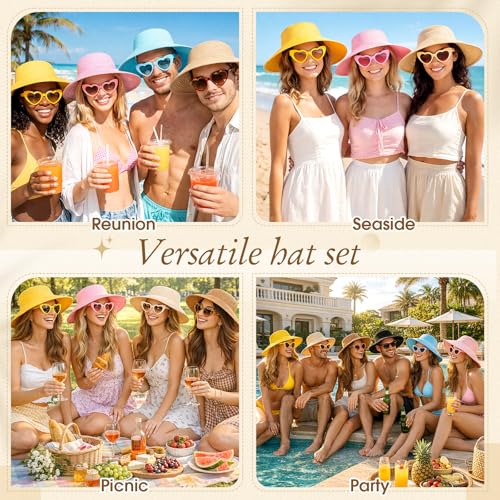 12 pcs Sun Hats and Heart Sunglasses Sets Wide Brim Beach Hat Summer UV Packable Foldable Visors for Women, Girls - color: Multicolor