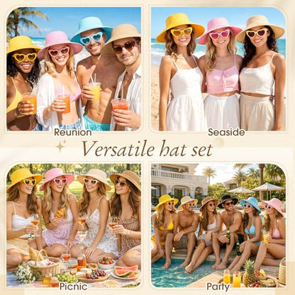 12 pcs Sun Hats and Heart Sunglasses Sets Wide Brim Beach Hat Summer UV Packable Foldable Visors for Women, Girls - color: Multicolor