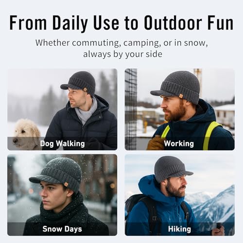 TOP-EX DryKnit™ 50% Merino Wool Waterproof Winter Beanie Hat with Brim - color: Black, size: Medium-Large