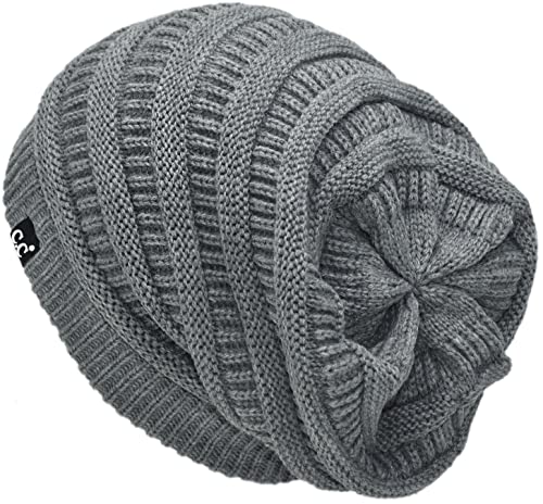 C.C Beanie Oversized Hat with Fuzzy Lining – Thick Knit Thermal Beanie for Cold Weather, Soft Warm Fleece Lined Cap - color: Light Melange Grey