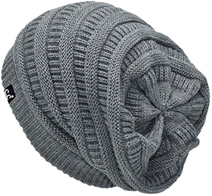 C.C Beanie Oversized Hat with Fuzzy Lining – Thick Knit Thermal Beanie for Cold Weather, Soft Warm Fleece Lined Cap - color: Light Melange Grey