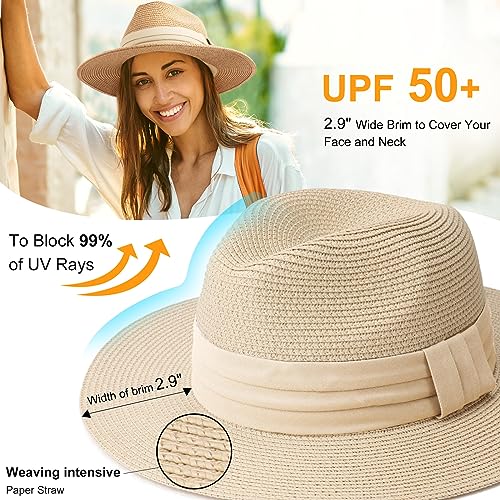 DRESHOW Women Straw Panama Hat Travel Fedora Beach Sun Hat Summer Wide Brim Straw Roll up Hats UPF 50+ - color: Beige Hat With Cream Band a