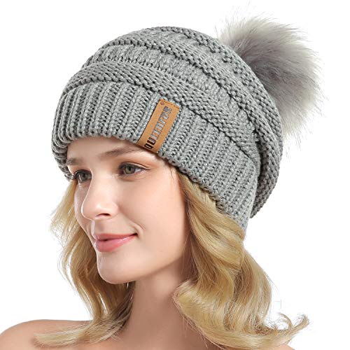 Women Knit Slouchy Beanie Chunky Baggy Hat with Faux Fur Pompom Winter Soft Warm Ski Cap - color: B3-soft Grey
