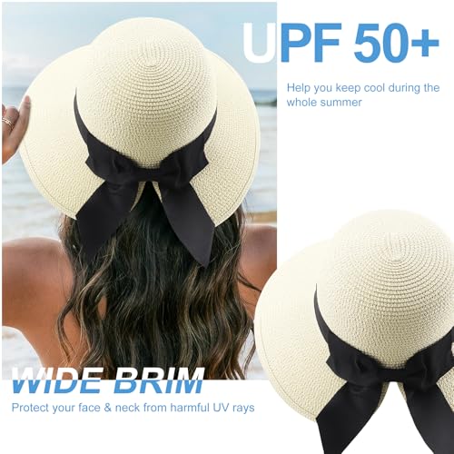 DRESHOW Sun Hats for Women Travel Fedora Foldable Beach Sun Hat Summer Wide Brim Straw Bucket Hat with Bowknot UPF 50+ - color: 1 Pack Bowknot Straw Hat: Ivory White