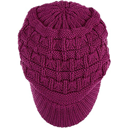 BYOS Womens Winter Chic Cable Warm Fleece Lined Crochet Knit Hat W/Visor Newsboy Cabbie Cap - color: Basket Woven-magenta Pink
