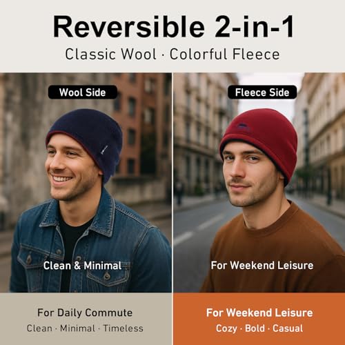 TOP-EX PolarWool™ Wool Beanie Hat for Men Women Fleece Lined Skull Cap Winter Knit Hat Watch Caps Reversible & Windproof - color: Navy Blue, size: X-Large-XX-Large