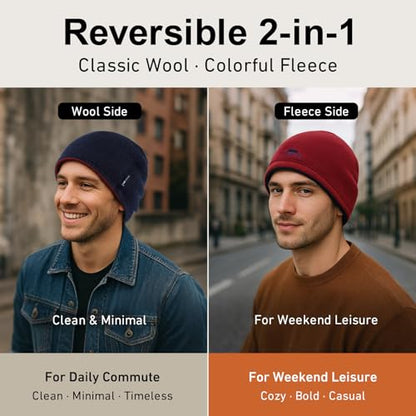 TOP-EX PolarWool™ Wool Beanie Hat for Men Women Fleece Lined Skull Cap Winter Knit Hat Watch Caps Reversible & Windproof - color: Navy Blue, size: X-Large-XX-Large
