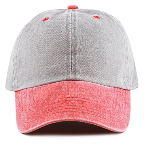 The Hat Depot 100% Cotton Pigment Dyed Low Profile Dad Hat Six Panel Cap - color: 2. Gray/Red