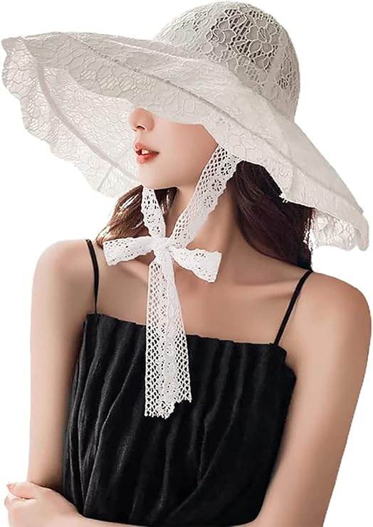 Ladies Floppy Lace Sun Hat Womens Foldable Wide Brim Fedoras UPF 50+ Summer Sun Visor Cap Large Beach Bucket Hat - color: White
