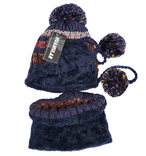 HUAMULAN Women Winter Knit Beanie Hat Circle Scarf Set Pompoms Ear Flaps - color: Navy