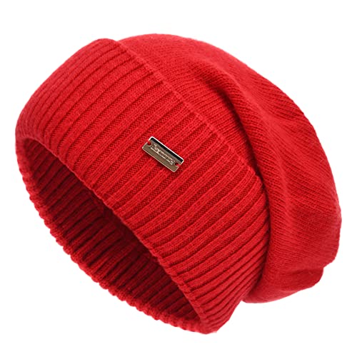 jaxmonoy Slouchy Beanies for Women Winter Lightweight Ladies Knit Hat Cuffed Soft Warm Slouch Beanie Cap - Brown - color: Red