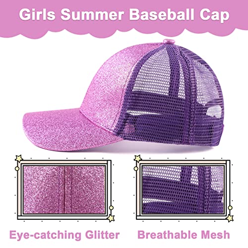 Zsedrut Girls Glitter Baseball Cap Kids Adjustable Ponytail Hat Toddler Summer Mesh Trucker Hats - color: Purple