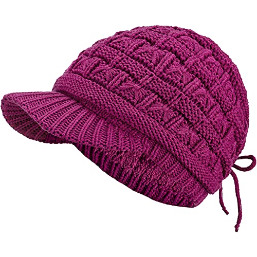 BYOS Womens Winter Chic Cable Warm Fleece Lined Crochet Knit Hat W/Visor Newsboy Cabbie Cap - color: Basket Woven-magenta Pink