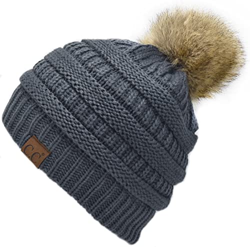 C.C Trendy Fuzzy Fleece Lined Warm Comfortable Soft Stretch Cable Knit Ribbed Faux Fur Pom Pom Beanie Hat - color: Teal Grey