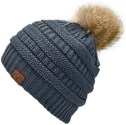C.C Trendy Fuzzy Fleece Lined Warm Comfortable Soft Stretch Cable Knit Ribbed Faux Fur Pom Pom Beanie Hat - color: Teal Grey