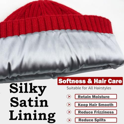ROYBENS Womens Satin Lined Beanie for Men Wool Knit Cuffed Warm Winter Hats - color: 1pcs-red