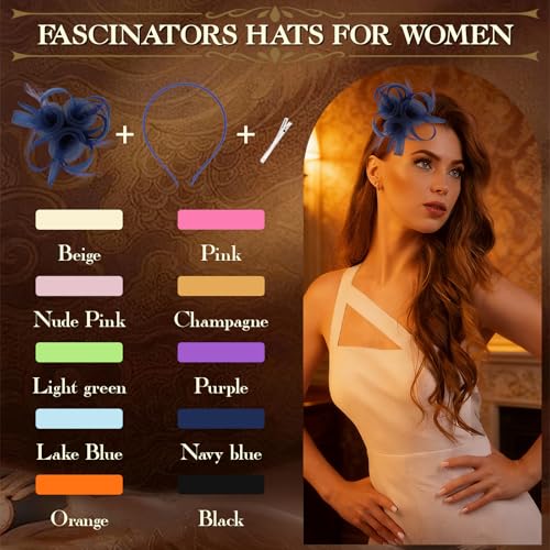AMCAMI Fascinators Hats with Feather for Women 2026 Derby Hats Small Tea Party Hat with Headband - color: Navyblue