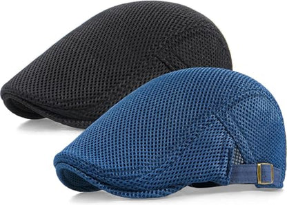 2 Pack Men's Mesh Cap Breathable Summer Newsboy Hat Adjustable Beret Ivy Cap Irish Cabbie Driving Hunting Hats - color: Black/Navy