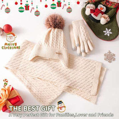 Winter Hat Scarf Gloves Set for Women, Classic Cable Beanie with Removable Pom Pom Long Scarf Touchscreen Gloves 3 in 1 Set - color: Purple Earmuffs