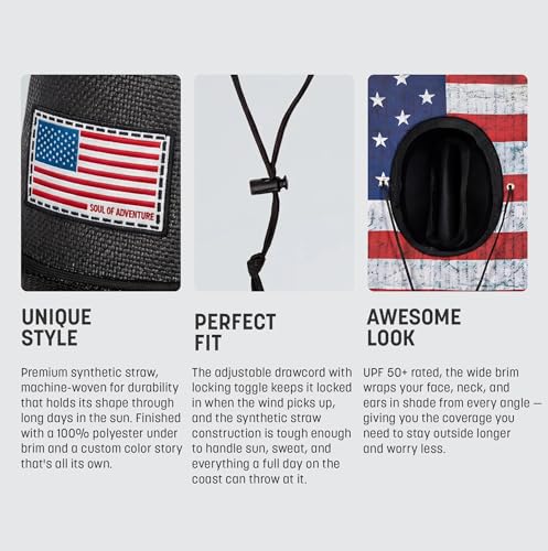 Soul of Adventure Keys Straw Hat for UV Sun Protection | UPF 50+ Sun Protection, Adjustable Drawstring - color: Ghost American Flag