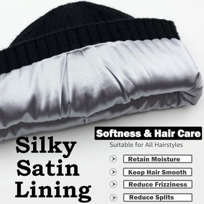 ROYBENS Womens Satin Lined Beanie for Men Wool Knit Cuffed Warm Winter Hats - color: 1pcs-black