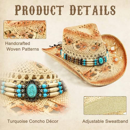 FLUFFY SENSE. Cowgirl Hats for Women Straw Cowboy Hat Western Beach Sun Hat with Shapeable Brim for Coastal Cowgirl - color: Sandstone Tan