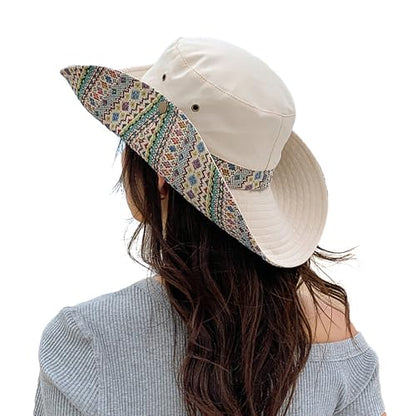 Womens Wide Brim Floral Summer Sun Hat UPF 50+ Ethnic Style Foldable Floppy Sun Protection Travel Beach Bucket Hat - color: Beige