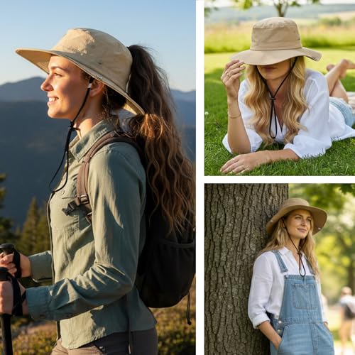 Wide Brim Waterproof Bucket Rain Hat for Women Men UPF50+ Cowboy Sun Hat - color: Ponytail Khaki