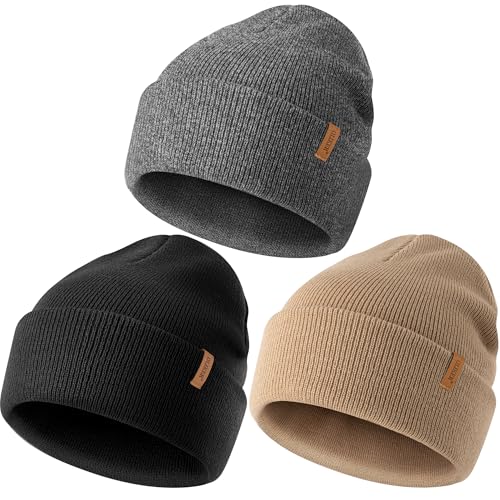 Beanie for Men Women, Winter Double Layer Warm Hat Skull Cap - color: Dark Beige+dark Grey+black