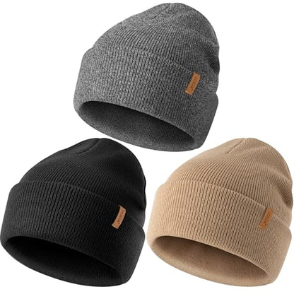 Beanie for Men Women, Winter Double Layer Warm Hat Skull Cap - color: Dark Beige+dark Grey+black