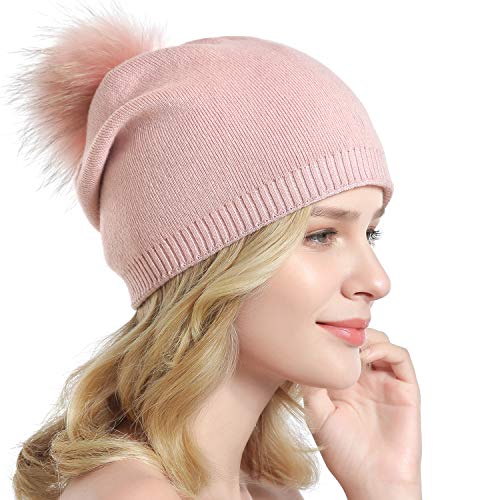 Women Knit Wool Beanie - Winter Fashion Solid Wool Hats Real Removable Raccoon Fur Pom Pom Warm Ski Beanie - color: 12- Single Pink
