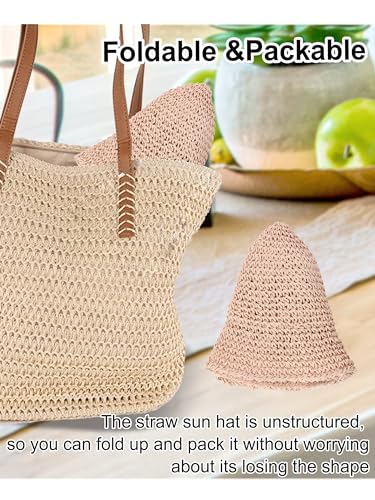 Womens Sun Hat Handmade Straw Bucket UV Protection Travel Summer Beach Cap - color: Pale Dogwood