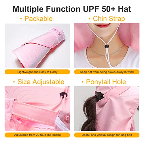 Women Wide Brim Face Mask Sun Hat Detachable Neck Face Flap Ponytail UV Protection Visor Hat Garden Fishing Hiking - color: A7-shun005-meihong