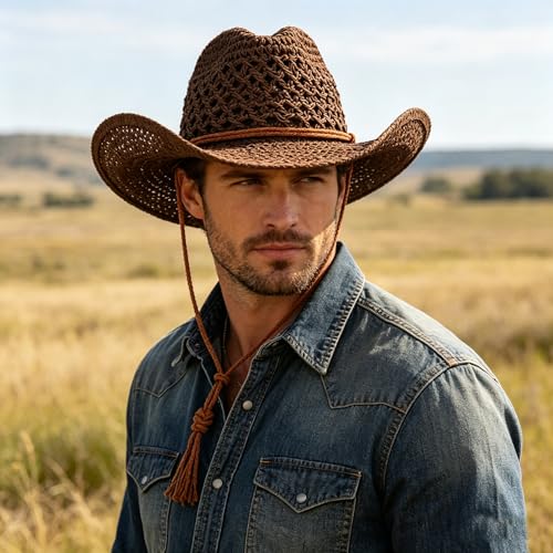 Men's Floppy Packable Straw Hat Beach Cap Newsboy Fedora Sun Hat, Big Brim, Adjustable Chin Strap - color: Brown-a