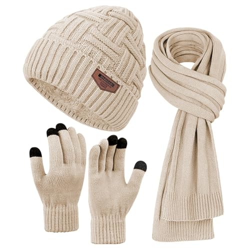 Winter Scarf for Men, 3 PCS Fleece Beanie Hat and Gloves Set - color: X-beige Hat Scarf Gloves Set