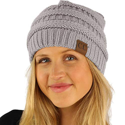 CC Classic Winter Fall Trendy Chunky Stretchy Cable Knit Beanie Hat - color: Solid Lt. Melange Gray
