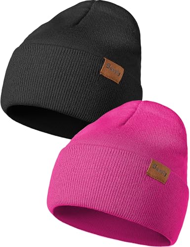Beanie Hats for Men Women Knit Winter Hat, Warm Skull Stocking Cap, Striped Snow Hat Heated Cuffed Beanie - color: 2p-black+rose