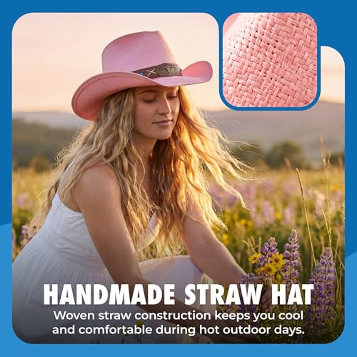 grinderPUNCH Straw Cowboy Hat for Men Women Western Cowgirl Outback Sun Hat - color: Pink