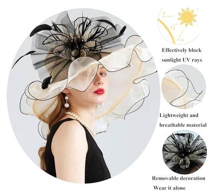 Women Organza Derby Hat Fascinator Tea Party Wedding Church Derby Hat Fascinator Hats Dual-use - color: 02b Beige